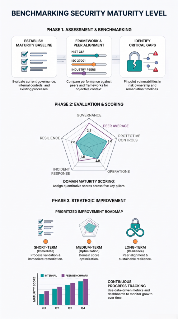 Benchmarking security maturity level across cybersecurity assessment, scoring, gaps and improvement.
