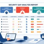 Illustration of an analyst reviewing a security gap analysis report service dashboard with risk rankings and remediation charts