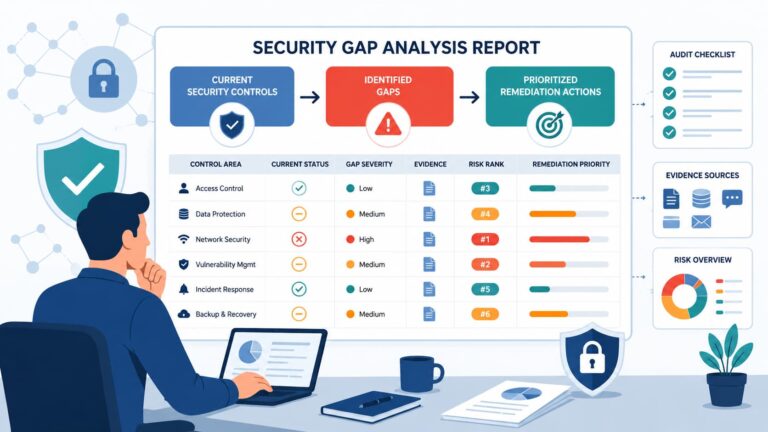 Illustration of an analyst reviewing a security gap analysis report service dashboard with risk rankings and remediation charts