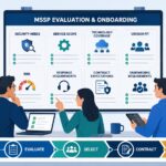 Team reviewing an MSSP Evaluation, Selection & Onboarding (Consulting) dashboard covering vendor fit, risk, and contract steps.