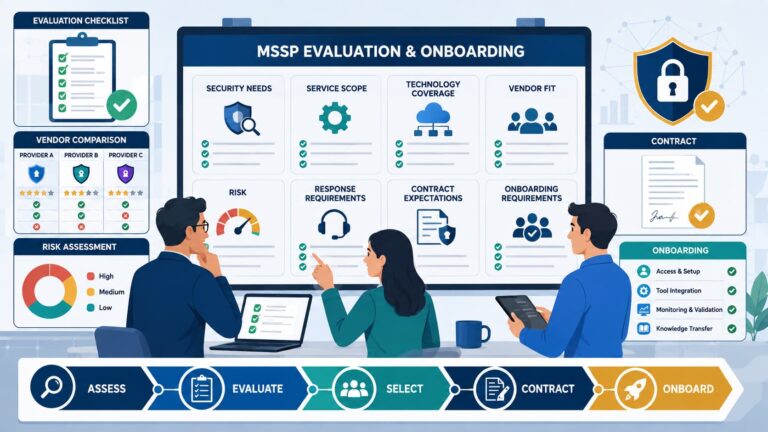 Team reviewing an MSSP Evaluation, Selection & Onboarding (Consulting) dashboard covering vendor fit, risk, and contract steps.